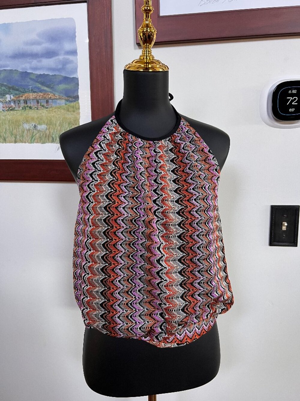 Ramy Brook "Adda" Pink Orange & Metallic Zigzag Open Knit Halter Top - L